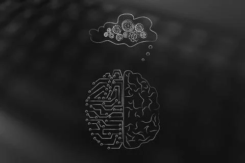 Half digital half human brain with gearwheels spinning into thought bubble Stock Illustration