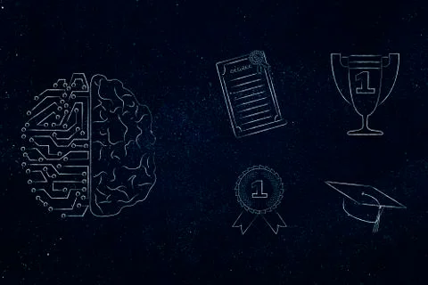 Half digital half human brain next to group of education accomplishment icons Stock Illustration