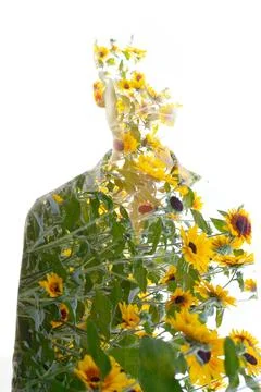 A half-disappearing full-front double exposure male portrait Stock Photos