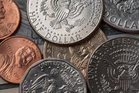 Half Dollar and Dollar Coins from USA, United States of America. US Dollars Stock Photos