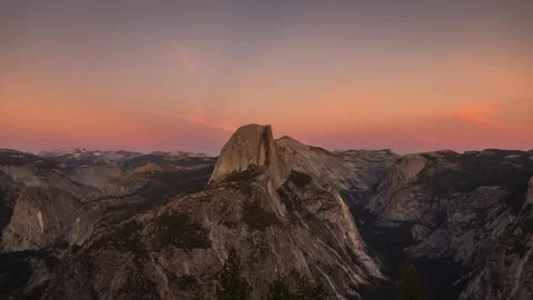 Half Dome and Yosemite Valley panorama at golden hour sunset Stock Footage 346323749