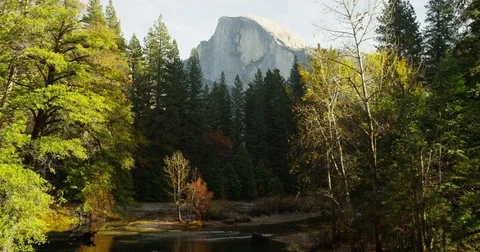 Half Dome is reflected in Merced River at Yosemite National Park, California. Stock Footage 81621144