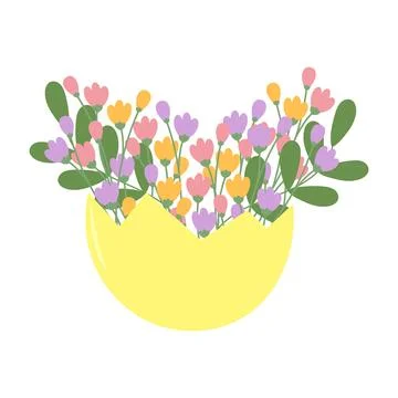 Half eggshell with flowers and branches in. Happy Easter Greetings design Stock Illustration