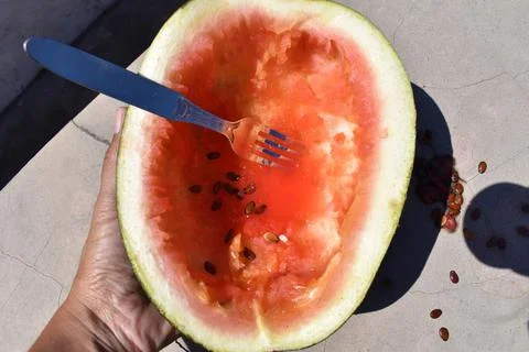 Half empty watermelon with spoon Stock Photos