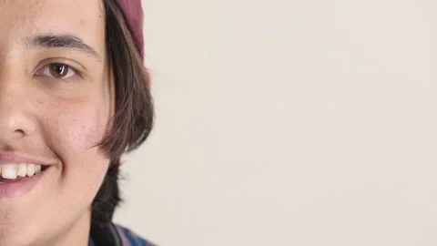 Half, face and man in studio, hair care and growth with dermatology on white Stock Footage 336678949