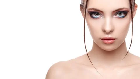 Half-face portrait of beautiful sensitive woman with fresh clean skin, wet ef Stock Photos