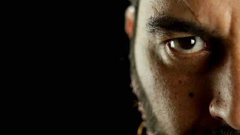 Half face portrait of concentrated and serious bearded man looks to camera Video stock 157500895