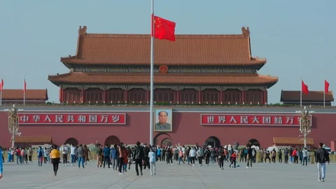 Half flag  tiananmen square During Covid-19 china beijing Video stock 130084484