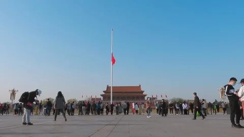 Half flag  tiananmen square During Covid-19 china beijing Stock Footage 130085252