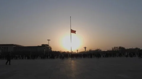 Half flag  tiananmen square During Covid-19 china beijing Stock Footage 130091653