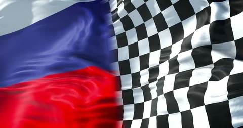Half flags of checkered flag, end race and half russia federation flag, russian Video stock 91146256