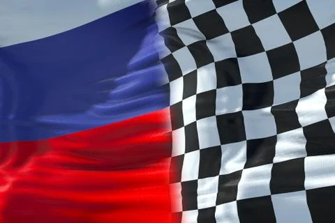 Half flags of checkered flag, end race and half russia federation flag, russi Stock Photos