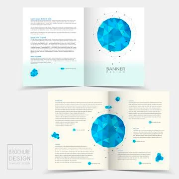 Half-fold brochure template with geometric blue crystal elements Stock Illustration