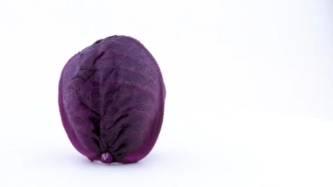 Half frame of one whole mini purple cabbage with water drops is rotating Stock Footage 93840753