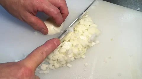 Half a Fresh Onion Cut into Fine Pieces with a Knife, Japanese Kitchen Culture Stock Footage 344368117