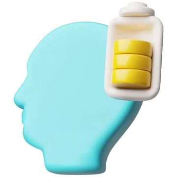 Half full battery in a human head 3D vector icon, symbol for mental energy Stock Illustration