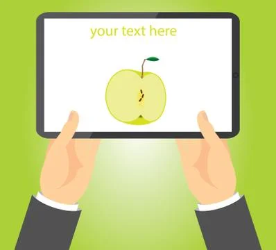 Half green apple on a tablet held in hands 스톡 일러스트