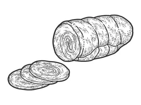 Half ham, slice. Sketch scratch board imitation. Black and white. Stock Illustration