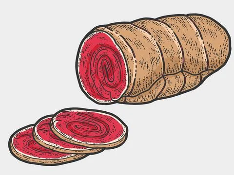 Half ham, slice. Sketch scratch board imitation color. Stock Illustration