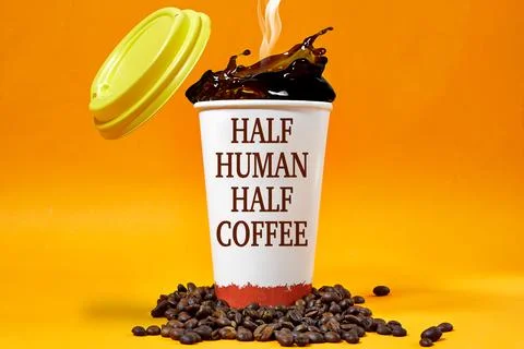 Half human half coffee on disposable cup with flying lid and splash of coffee Stock Photos