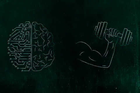 Half human half digital brain next to powerful arm holding dumbbell, genius m イラスト素材