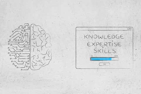 Half human half digital brain next to knowledge expertise skills loading pop- Stock Illustration