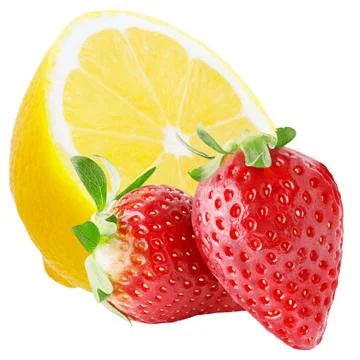 Half of lemon and two strawberries isolated on white background Stock Photos