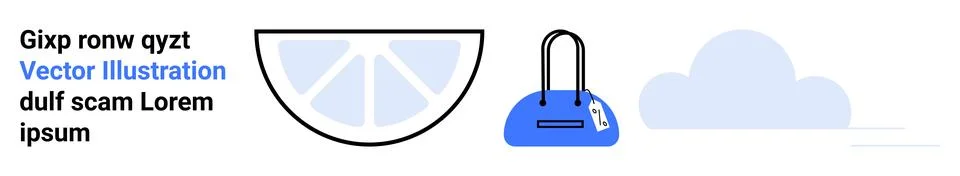 Half lemon with outlined segments, blue handbag with tag, and stylized cloud. Stock Illustration