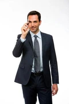 Half length portrait of a businessman with a black marker writing on the scre Stock Photos