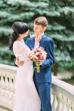 The half-length sensitive portrait of the hugging newlyweds. The bride is Stock Photos