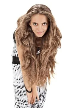 Half-length studio portrait of young pretty lady with long hairs on white Stock Photos