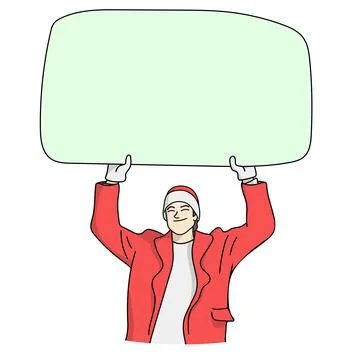 Half length of young man in red suit holding green big blank board Stock Illustration