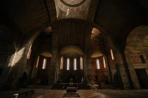 Half-lighted mystical interior. old church in reconstruction Stock Photos