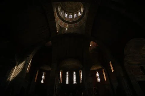 Half-lighted mystical interior. old church in reconstruction Stock Photos