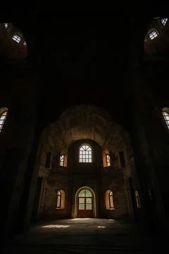 Half-lighted mystical interior. old church in reconstruction Stock Photos
