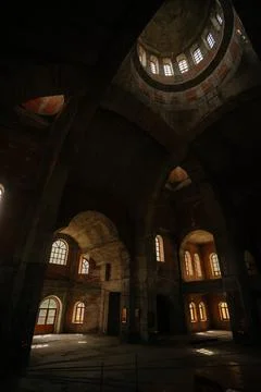 Half-lighted mystical interior. old church in reconstruction Stock Photos