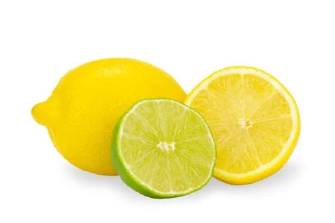 Half of lime and lemon isolated over white background. Foto stock