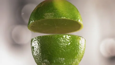 Half Lime falling and splashing on white background. Food levitation concept Stock Footage 199016101