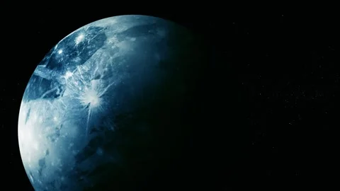 Half lit blue planet or moon in deep space with a dark starry background, s.. Stock Footage 340382836