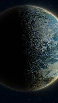 Half-lit rocky alien planet with cratered surface and glowing rim against a.. 스톡 일러스트