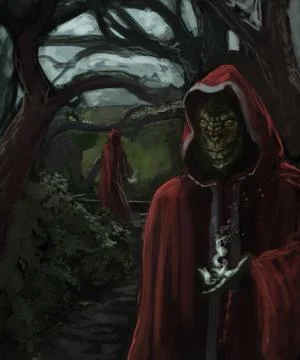 Half Lizard men wielding magic in their arboretum - Digital fantasy painting Stock Illustration