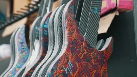 Half made guitars with beautiful patterns at the factory Stock Footage 274475899