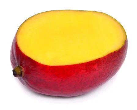 Half of mango cut isolated on white background. Mango fruit whole and slice.. Stock Photos