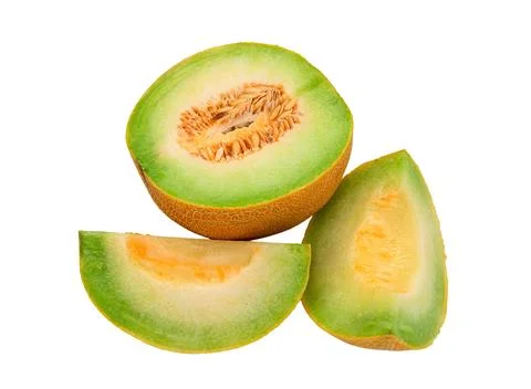 Half a melon and two slices on a white background Stock Photos