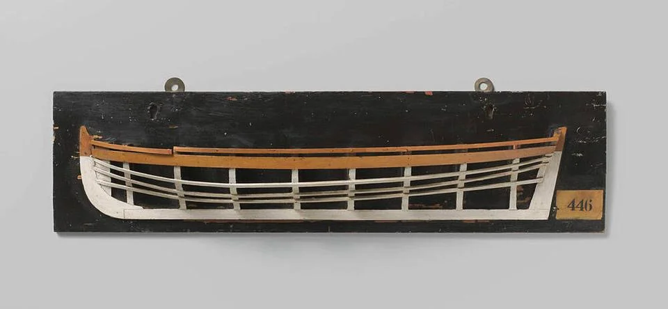 Half Model of a Launch.Polychromed mold model (port) of a sloop. The boois... Stock Photos