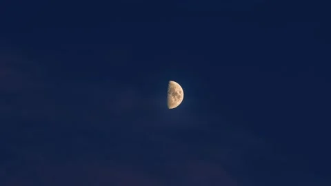 Half moon against dark blue sky at evening, celestial body illuminating night Stock Footage 344094759