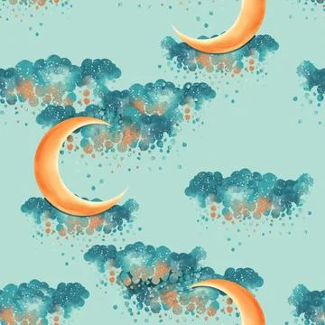 Half moon and clouds seamless pattern. Cute background. 스톡 일러스트