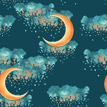 Half moon and clouds seamless pattern. Cute background. 스톡 일러스트