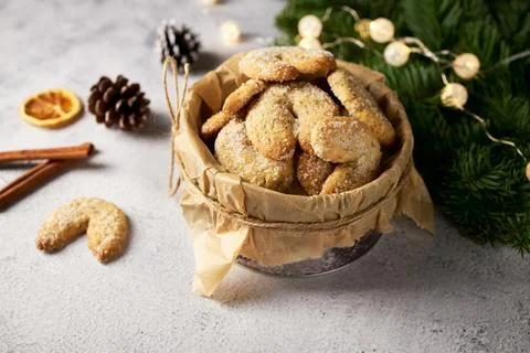 Half-moon shaped vanilla walnut shortbread cookies Vanillekipferl. Traditional Stock Photos