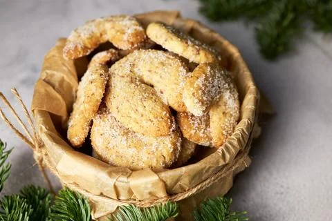 Half-moon shaped vanilla walnut shortbread cookies Vanillekipferl. Traditional Stock Photos